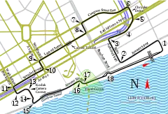 Map view of downtown Detroit with the race course lined out in black.