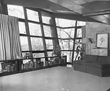 House interior, 1952. The sloped ceilings are made of Philippine mahogany.