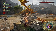  A gameplay screenshot showing the Inquisitor fighting the Fereldan Frostback dragon