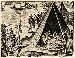 Drake's landing in California, engraving published 1590 by Theodor de Bry