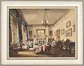 Drawing of a room; c. 1842; brush and watercolor and white gouache on white paper.