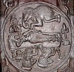 Depiction of the dream of Maya (Buddha's mother), in which the Buddha enters her side as a white elephant, from Bharhut