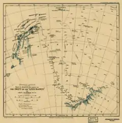 Old chart showing incomplete Antarctia coastline. The chart indicates the line of Endurance's 1915 drift, also the earlier drift of Filchner's Deutschland and the line of James Weddell's 1823 voyage