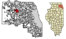 Location of Bartlett in DuPage, Cook, and Kane Counties, Illinois.