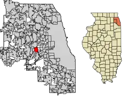 Location of Hinsdale in DuPage County and Cook County, Illinois.