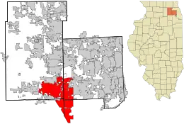 Location of Aurora in DuPage and Kane Counties, Illinois.