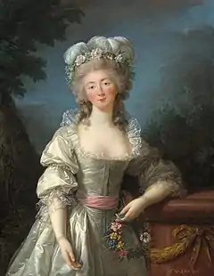 Madame du Barry, 1782. The last Maîtresse-en-titre of Louis XV of France and a victim of the Reign of Terror." One of three Vigée Le Brun portraits, including a posthumous portrait that she finished in 1805.(Note:Though du Barry never wore rouge, another artist added it to her cheeks.[citation needed])