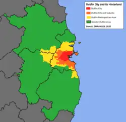 Map of Dublin and its hinterland, showing: Dublin city (red), city and suburbs (orange), Dublin Metropolitan Area (Yellow), Greater Dublin Area (NTA) (Green)
