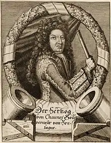Medallion engraving showing a man with a wig, standing three-quarter upright with a long sight in his right hand.