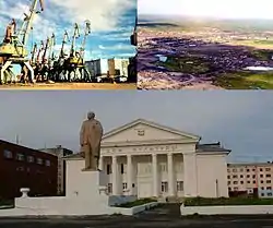 Clockwise: Dudinka Port, Aerial view of Dudinka; House of Culture