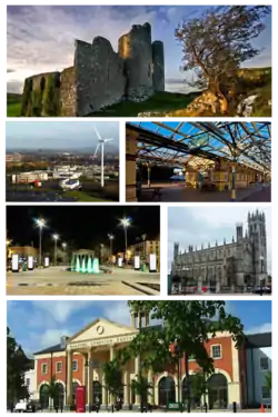 Clockwise from top: Castle Roche, Clarke Station, St. Patrick's Church, The Marshes Shopping Centre, Market Square, Dundalk Institute of Technology