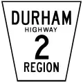 Variant Durham regional road marker for regional highways, a special class of the regional road system of Durham Region. This marker is of Durham Regional Highway 2.