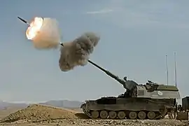 A Dutch howitzer firing in Afghanistan in 2009, as part of Task Force Uruzgan