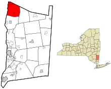 Location of Red Hook in Dutchess County, New York (left) and of Dutchess County in New York state (right)