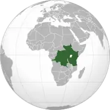 An orthographic projection of the world, highlighting the proposed East African Federation's territory (green).