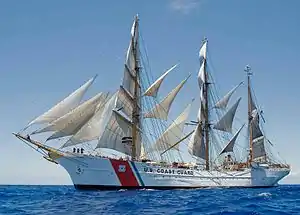 A three-masted ship with all sails.