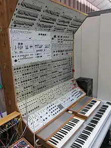 EML Sequencer 400 (top ×2, 6×16 step) on EML ElectroComp modular synthesizer (1970)