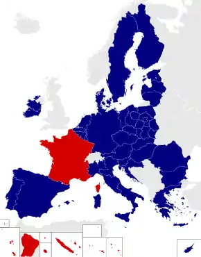 Map of the European Parliament constituencies with France highlighted in red