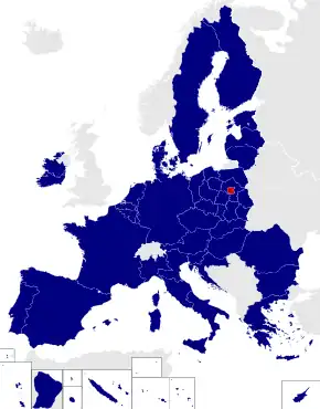 Map of the European Parliament constituencies with Warsaw highlighted in red