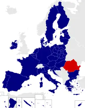 Map of the European Parliament constituencies with Romania highlighted in red