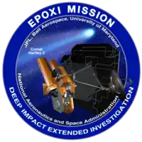 A circle with a blue border encloses an image of a spacecraft on approach to a comet. The words "EPOXI Mission" and "Deep Impact Extended Investigation" are written along the border of the image.