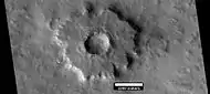 Pedestal crater, as seen by HiRISE under HiWish program.  Top layer has protected the lower material from being eroded.  The location is Casius quadrangle.