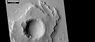 Pedestal crater with layers, as seen by HiRISE under HiWish program  Location is Amazonis quadrangle.