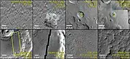 Composite demonstrating relative resolution of 7 different cameras that imaged Mars: HiRISE (Mars Reconnaissance Orbiter), THEMIS VIS (Mars Odyssey), MOC-WAC (Mars Global Surveyor), HRSC (Mars Express), CTX (Mars Reconnaissance Orbiter),  Viking, Mariner 4.  Location is Memnonia quadrangle. Blue arrow on some pictures points to same location at with different cameras. Red box with CTX image shows location of the next frame from HiRISE.