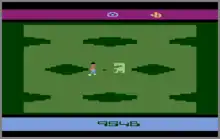 A horizontal rectangle video game screenshot that is a digital representation of a grass field with large holes. Two characters stand in the middle of the field.