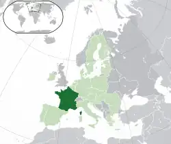 Location of the Metropolitan France (dark green) in the European Union (light green) and Europe (dark green, light green and dark grey)