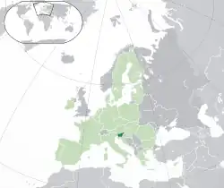 Location of Slovenia (dark green)– in Europe (green & dark grey)– in the European Union (green)