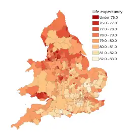 Life expectancy at birth for boys in 2012-2014 by local authority district in England and Wales.