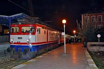 The joint Balkan/Bosphorus Express waiting to depart Sirkeci station with a TCDD E52500 series electric locomotive.