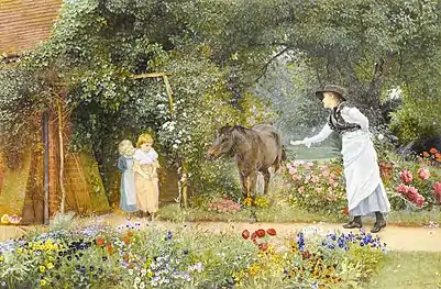 Feeding a pony in a Surrey garden. Watercolour, 1879