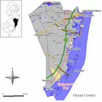 Location of Eagleswood Township in Ocean County highlighted in yellow (right). Inset map: Location of Ocean County in New Jersey highlighted in black (left).