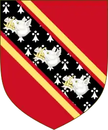 Arms of Edgcumbe, Earls of Mount Edgcumbe: Gules, on a bend ermines cotised or three boar's heads couped argent