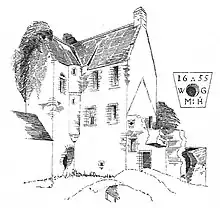 A line drawing of a tower house