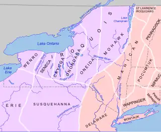 Map of North East United States showing Algonquian tribes in the eastern and southern portions and Iroquoian tribes to the western and northern portions.