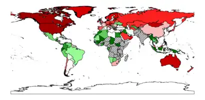 World map coloured according to the number of days each country takes to exhaust the resources it produces in the same year (green-high to red-low).