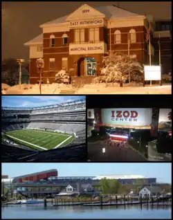 Top, left to right: East Rutherford Municipal Building, MetLife Stadium, Meadowlands Arena, and Meadowlands Sports Complex