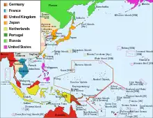 East Asia and Oceania, in 1914. Notice the European colonies in the region.