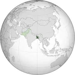 Location of East Pakistan (green) and West Pakistan (light green)