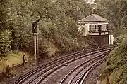 The signal box that formerly controlled East Putney junction, seen in 1987. The box was closed in 1991 and subsequently demolished.