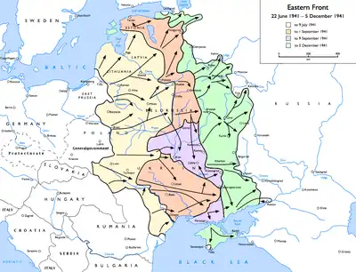 Color-coded map of the Eastern Front, with troop-movement arrows