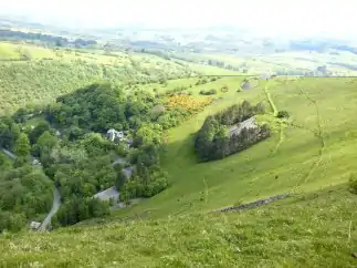 General view of Ecton Hill showing the Boulton & Watt engine house (upper right) and the G A Cox study centre (lower left)