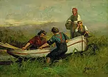 An oil painting showing two men, both wearing hats and the one at left wearing a beard, pulling a small dingy out of the water and onto the grass. Two women wearing handkerchiefs on their head and carrying baskets watch from the background.
