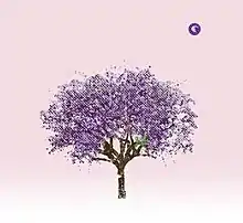 A painting of a purple tree on a pink textured background, with the E Works logo of a crescent moon wearing a nightcap in the top left corner