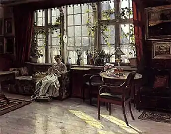 Viggo Pedersen: Afternoon Sun Through the Large Window. The Artist's Wife Sowing (1904)