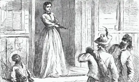 Susan Brownlow defends the flag (Illustration from Michael Egan, The Flying, Gray-Haired Yank, 1888)