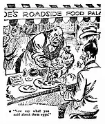 "Now say what you said about them eggs!"; cartoon by Syd Miller (Smith's Weekly, 28 December 1940).